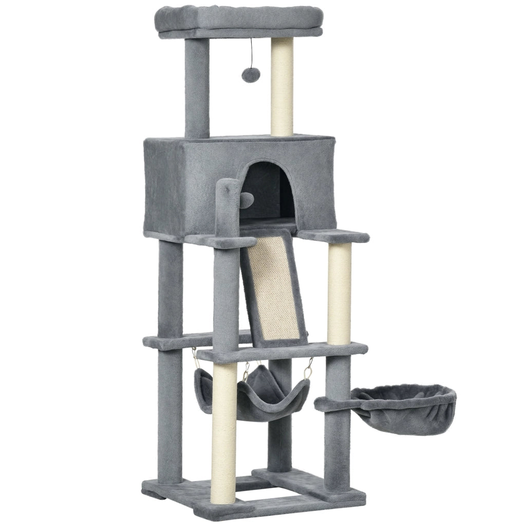 Albero Tiragraffi per Gatti con Pali in Sisal, Casetta, Lettino e Amache, 48x48x140cm, Grigio