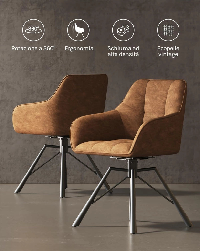 Set di 2 Sedie per Sala da Pranzo Girevoli a 360°, Sedie da Cucina Imbottite con Gambe in Metallo, Poltroncine in Similpelle per Camera da Letto, Soggiorno, Marrone Chiaro, BH366hbr-2
