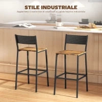 Set 2 Sgabelli da Bar con Schienale e Poggiapiedi Integrato in Stile Industriale, Marrone Rustico