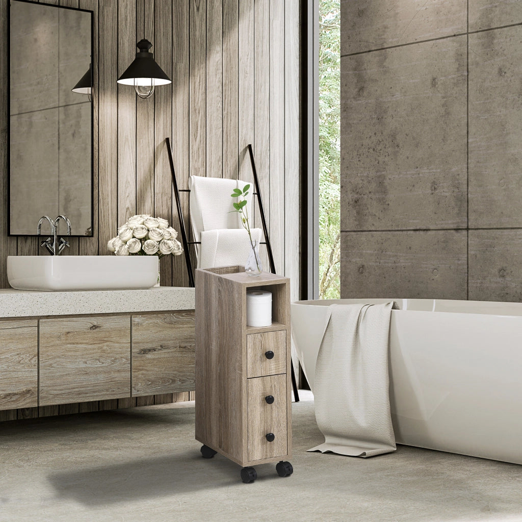EasyComfort Armadietto da Bagno a Colonna, Mobile Bagno con 4 Ruote, 1 Cassetto 1 Armadietto con Anta 2 Armadietti Aperti, Color Rovere, 18x30x68.5 cm
