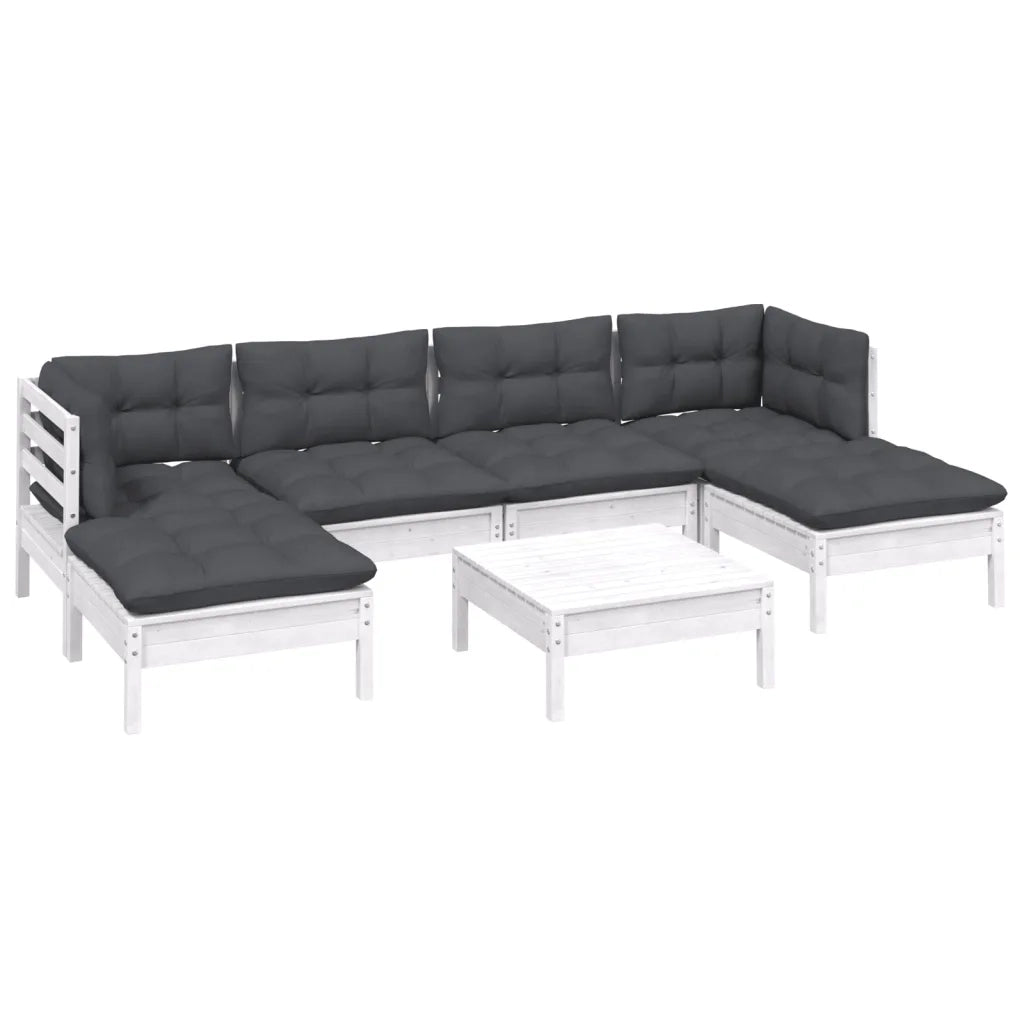Set Divani da Giardino 7 pz con Cuscini Bianchi Legno di Pino 3097086