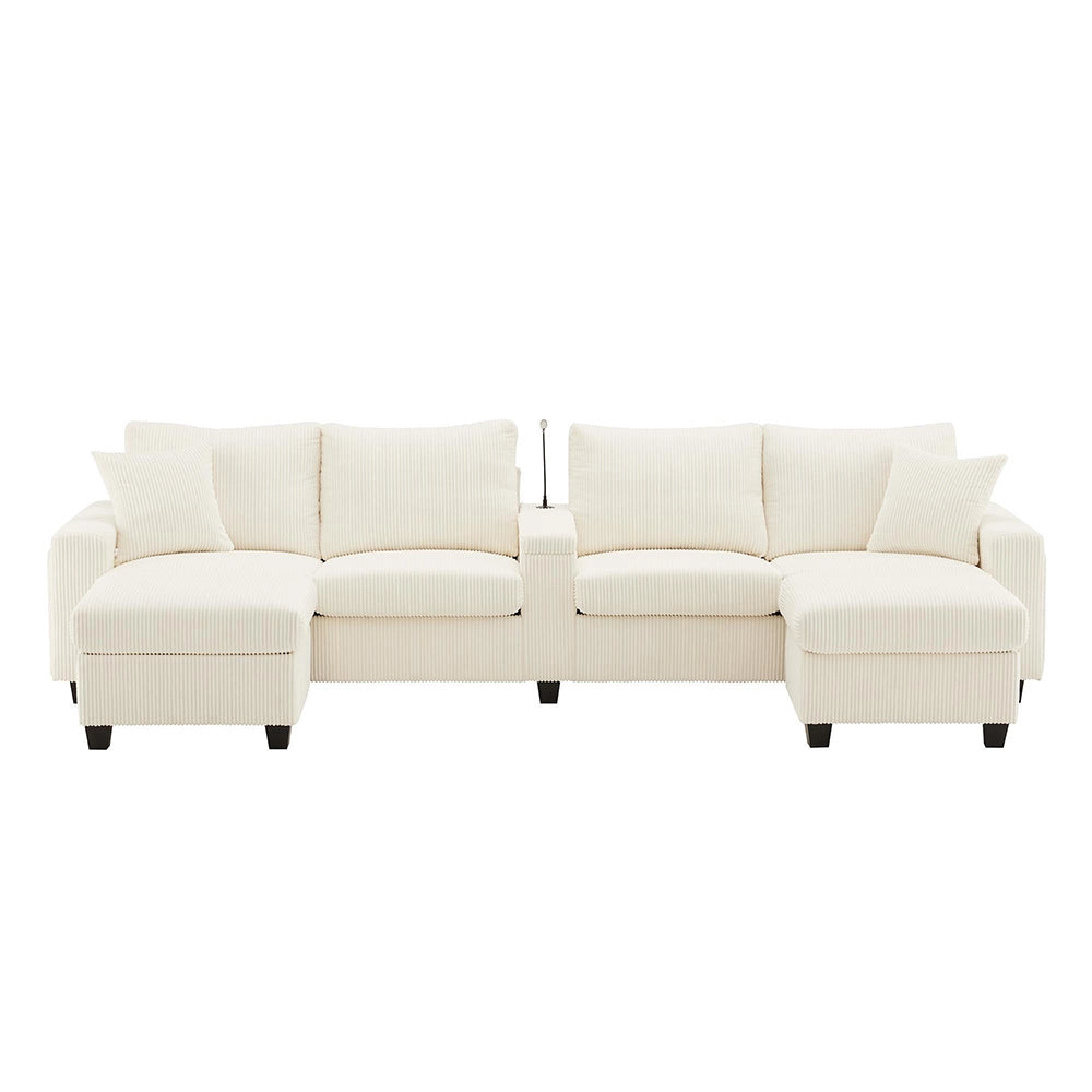 Divano a U in velluto costato - Xylo - 334x128,5x81 cm - Beige - 2 sgabelli, luce LED, porta-bevande, USB/Type-C