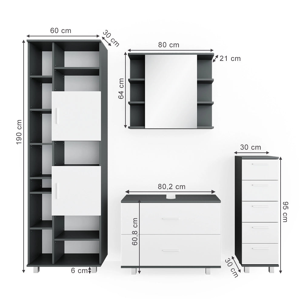 Vicco Set mobili bagno Bianco/antracite 4 parti