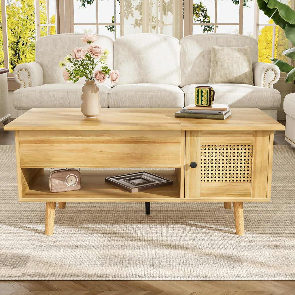 Tavolino da salotto 103x50x46 cm; piano sollevabile con spazio contenitore; truciolato; colore naturale