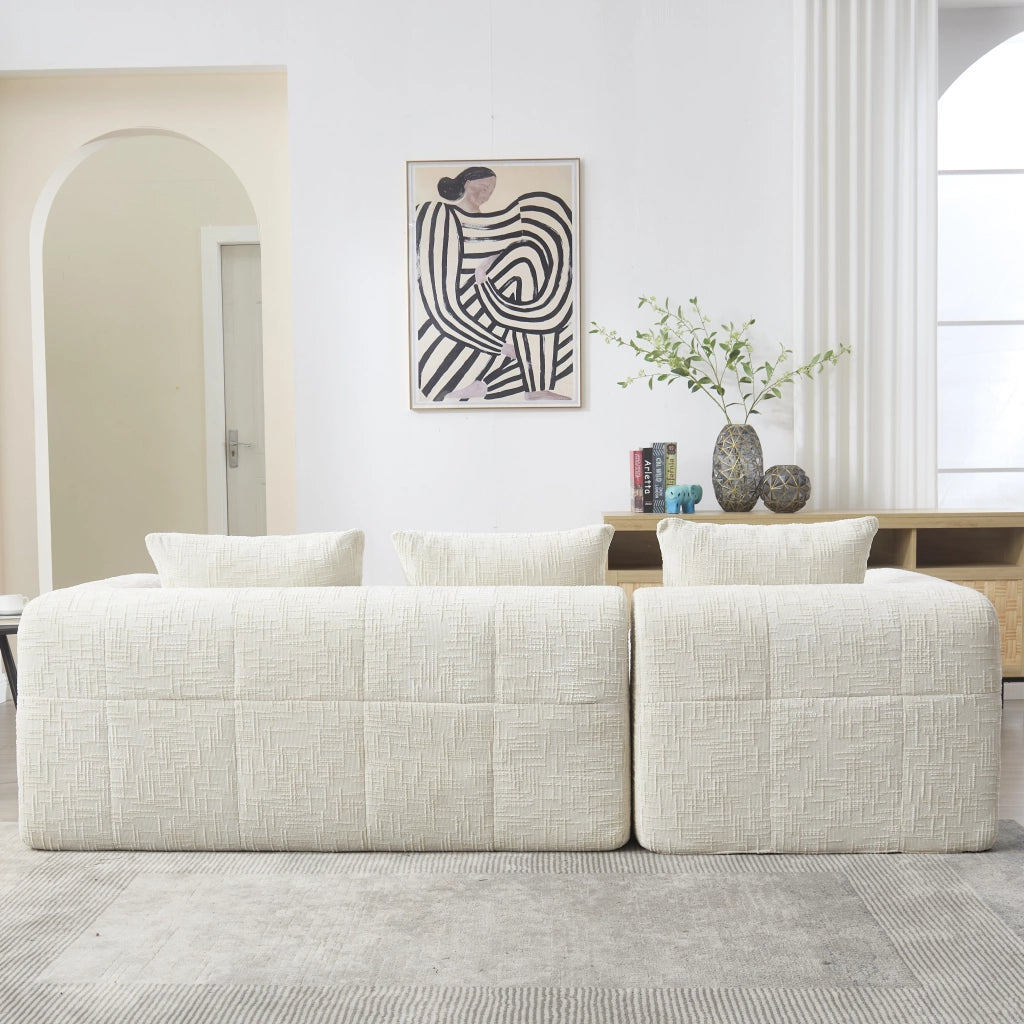 Divano Modulare 3 Posti con Chaise Longue, Tasche laterali e 3 Cuscini, in Ciniglia Beige