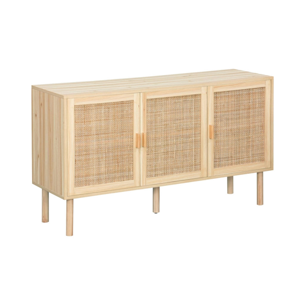 Credenza in vimini ed effetto legno a 3 ante, 120cm, marrone naturale