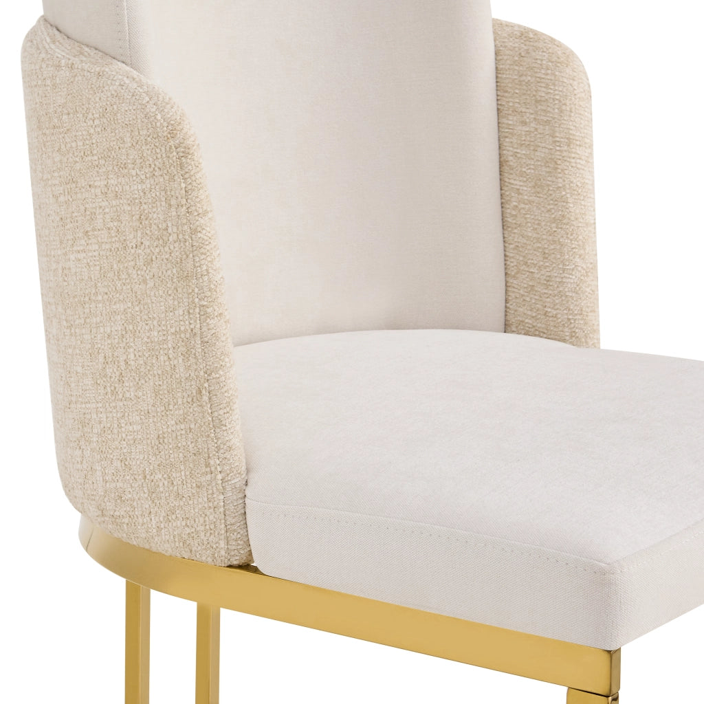 Set di 2 sedie da pranzo in Chenille beige con gambe in metallo dorato, schienale doppio, design moderno