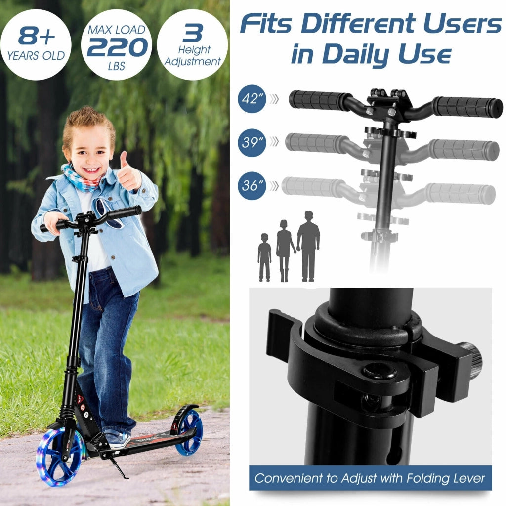 Aluminum Folding Kick Scooter with LED Wheels for Adults and Kids-Black
