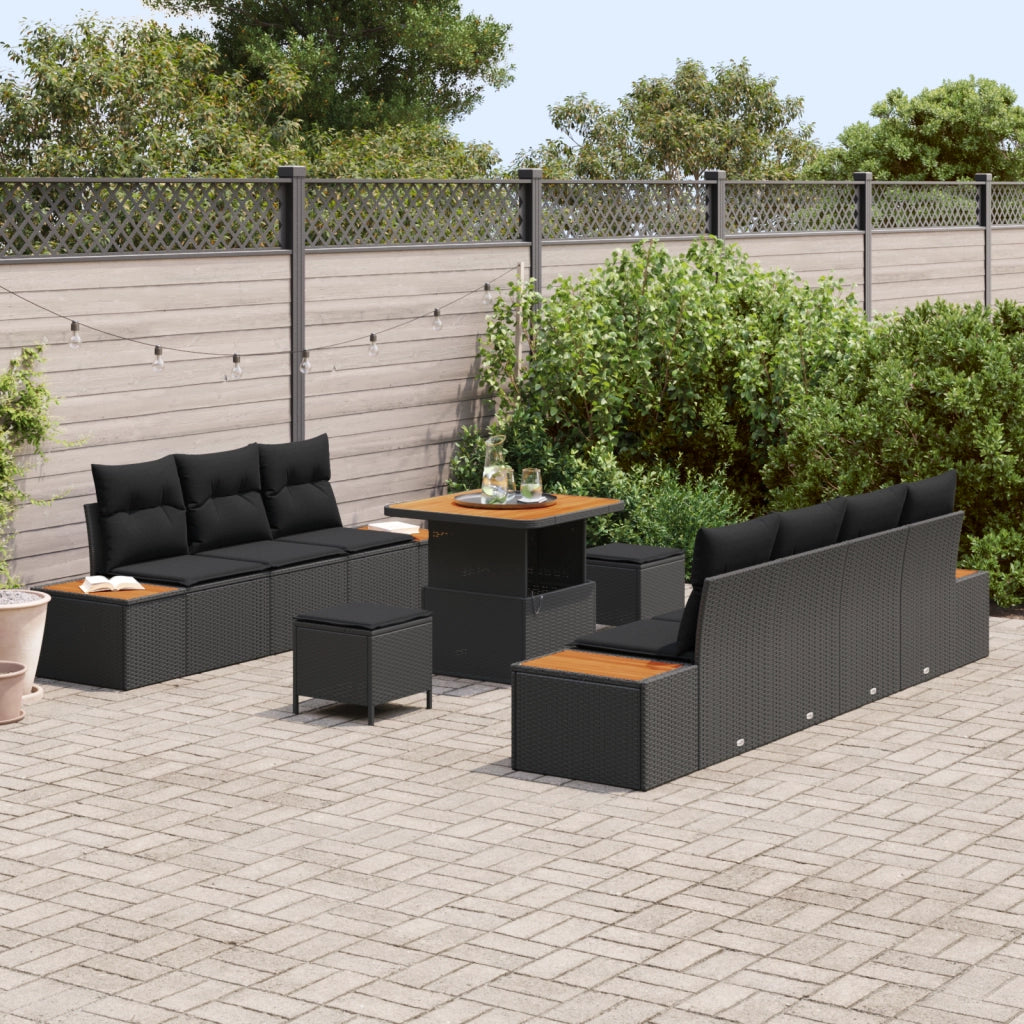 Set di Divano da Giardino con Cuscini Neri in Polyrattan Acacia