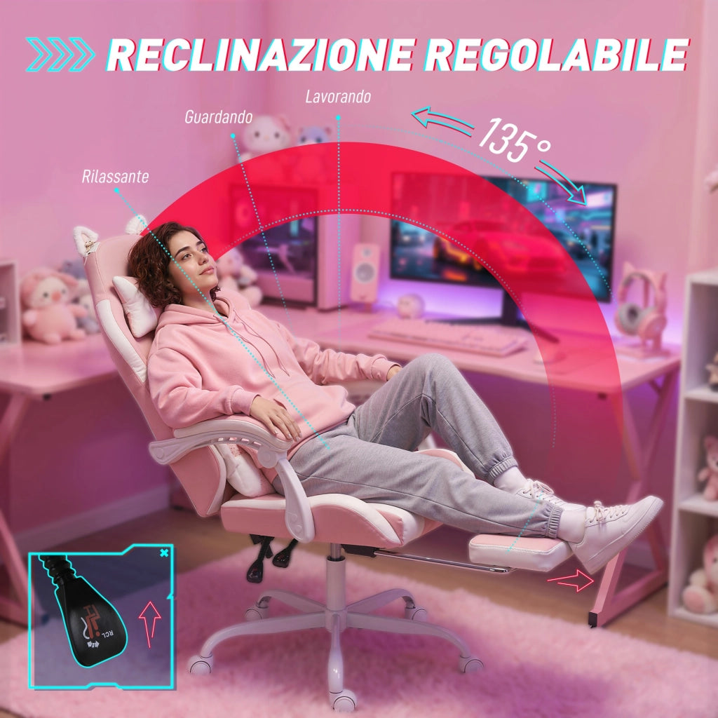 Sedia Gaming Poltrona Gaming Ergonomica Reclinabile Poggiapiedi Rosa