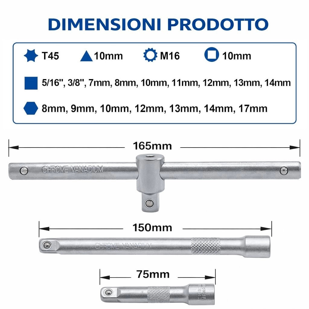 Set 23 Chiavi Bussola per Tappi Scarico Coppa Olio 3/8" e Prolunghe YZR-211