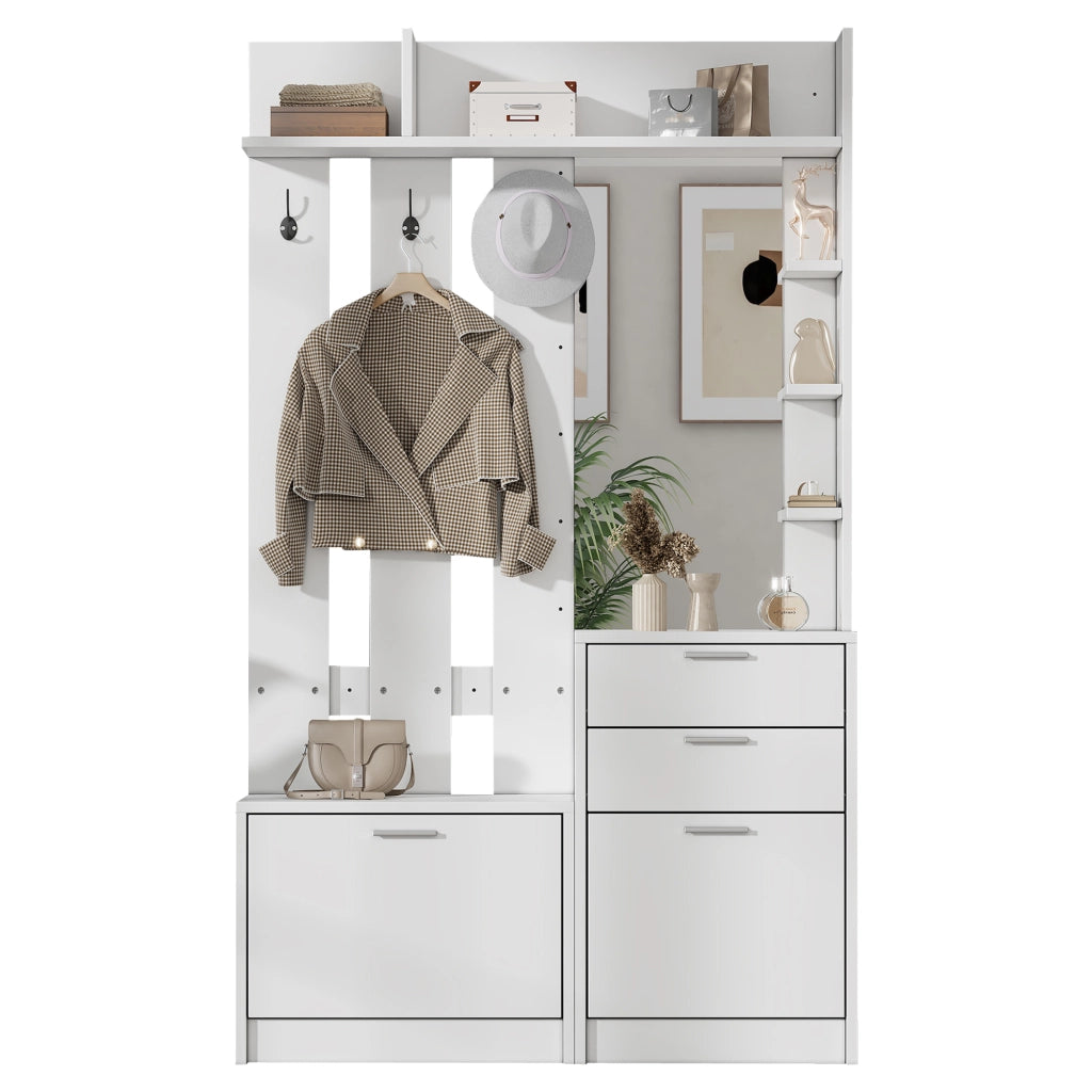 Mobile ingresso con scarpiera e specchio 110x34x185 cm in MDF bianco con appendiabiti e cassetti per corridoio