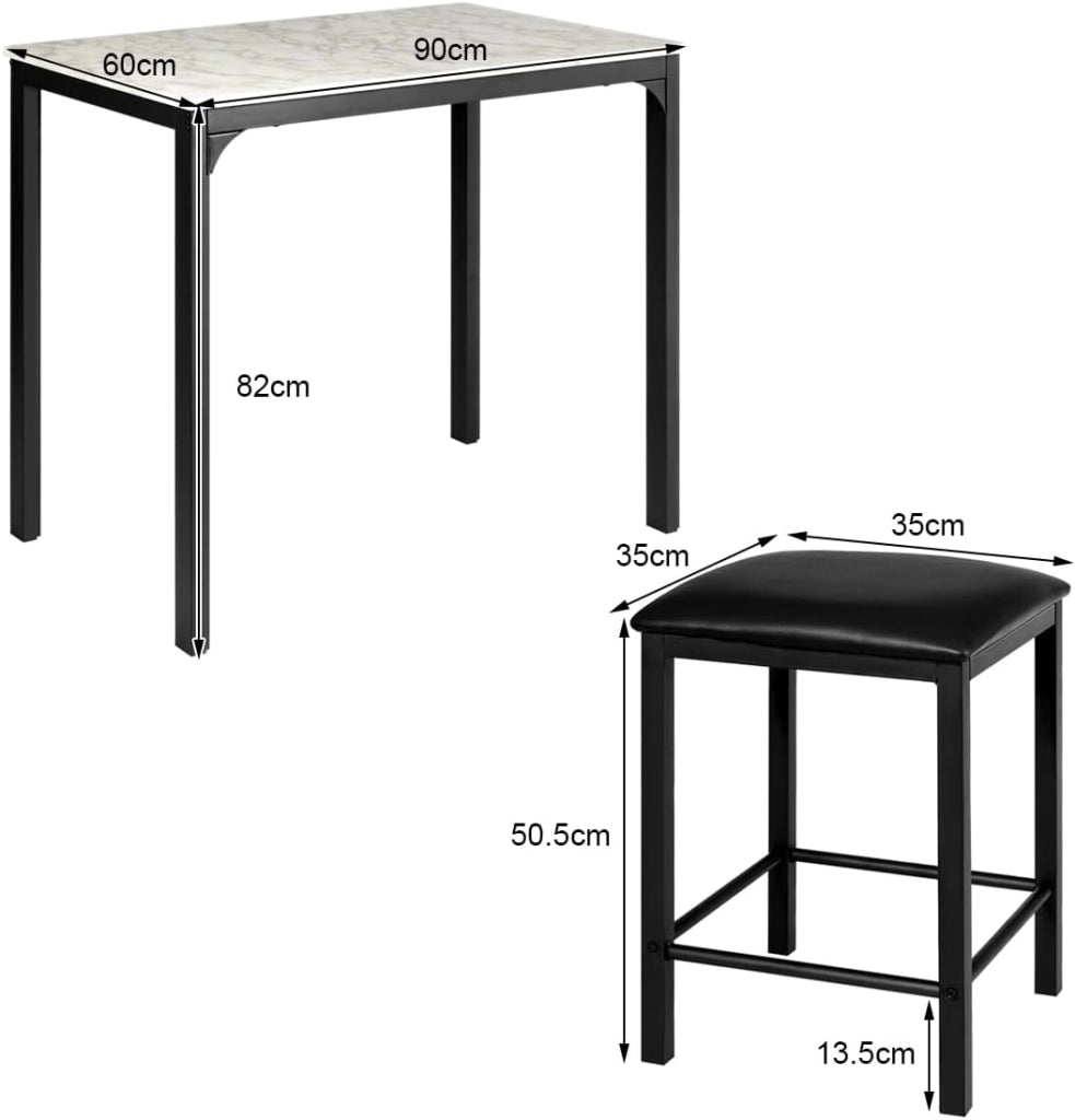 Tavolo alto da cucina e 2 sgabelli, set di 3 pezzi di sala da pranzo per 2 persone, tavolo bar cucina moderno e compatto in finitura finto marmo, mangia in piedi per bistrò, soggiorno (bianco)