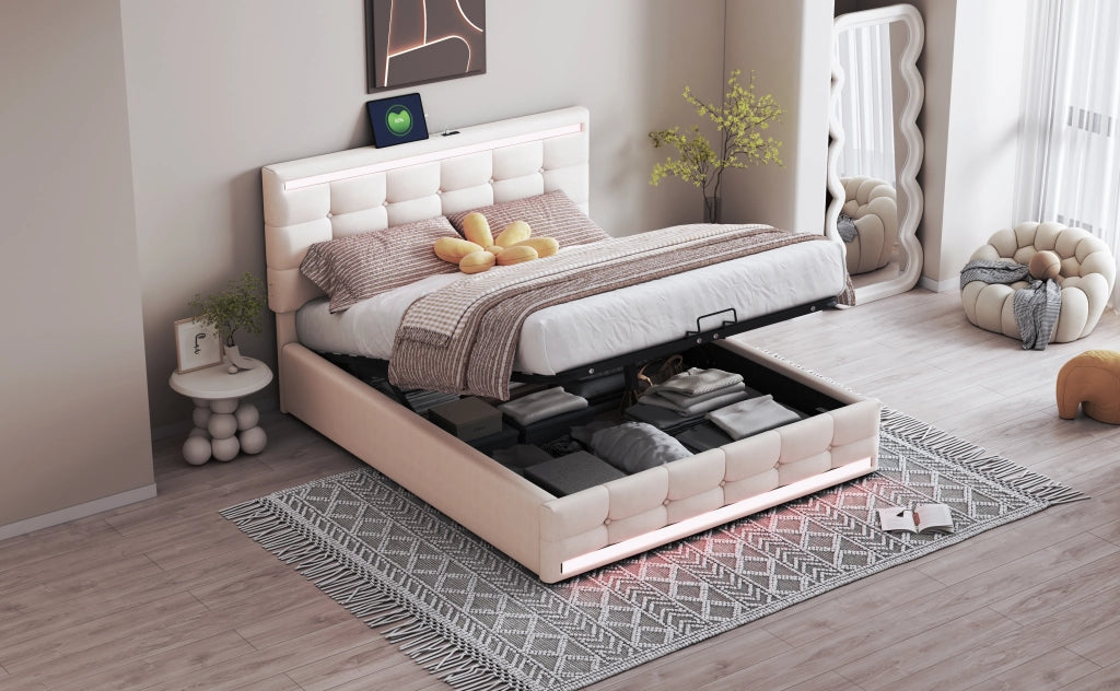 Letto imbottito con LED, 2 USB, contenitore e testiera regolabile, 140x200 cm, lino beige