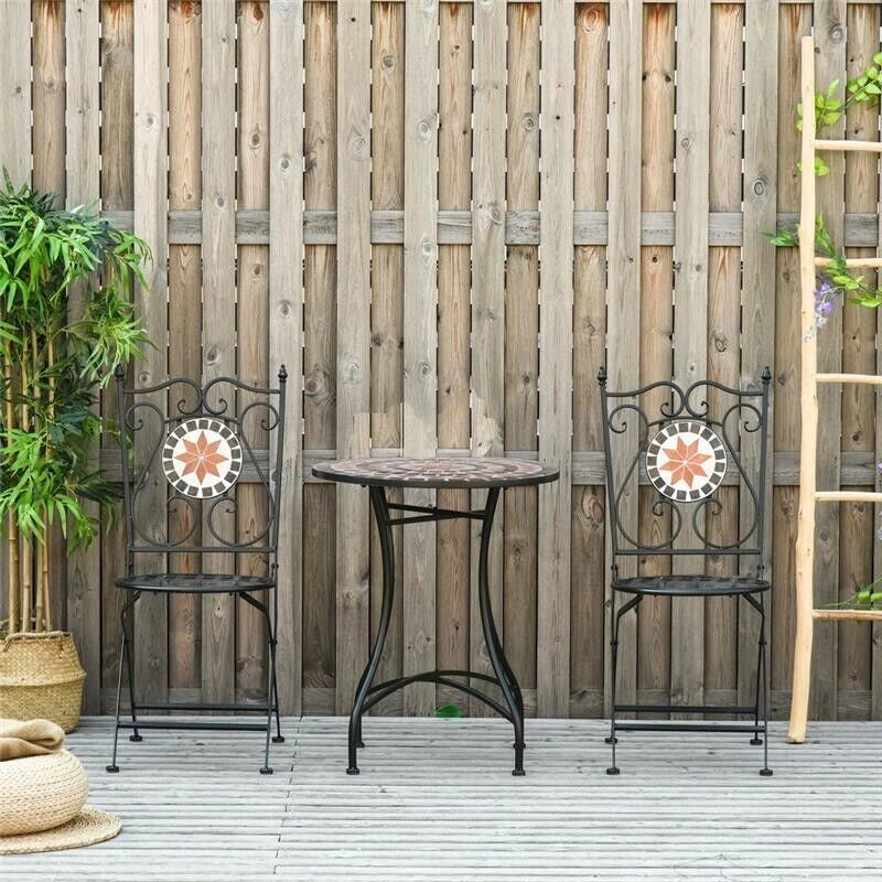 SET CON TAVOLO TONDO E 2 SEDIE PIEGHEVOL IN METALLO E CERAMICA MOSAICO