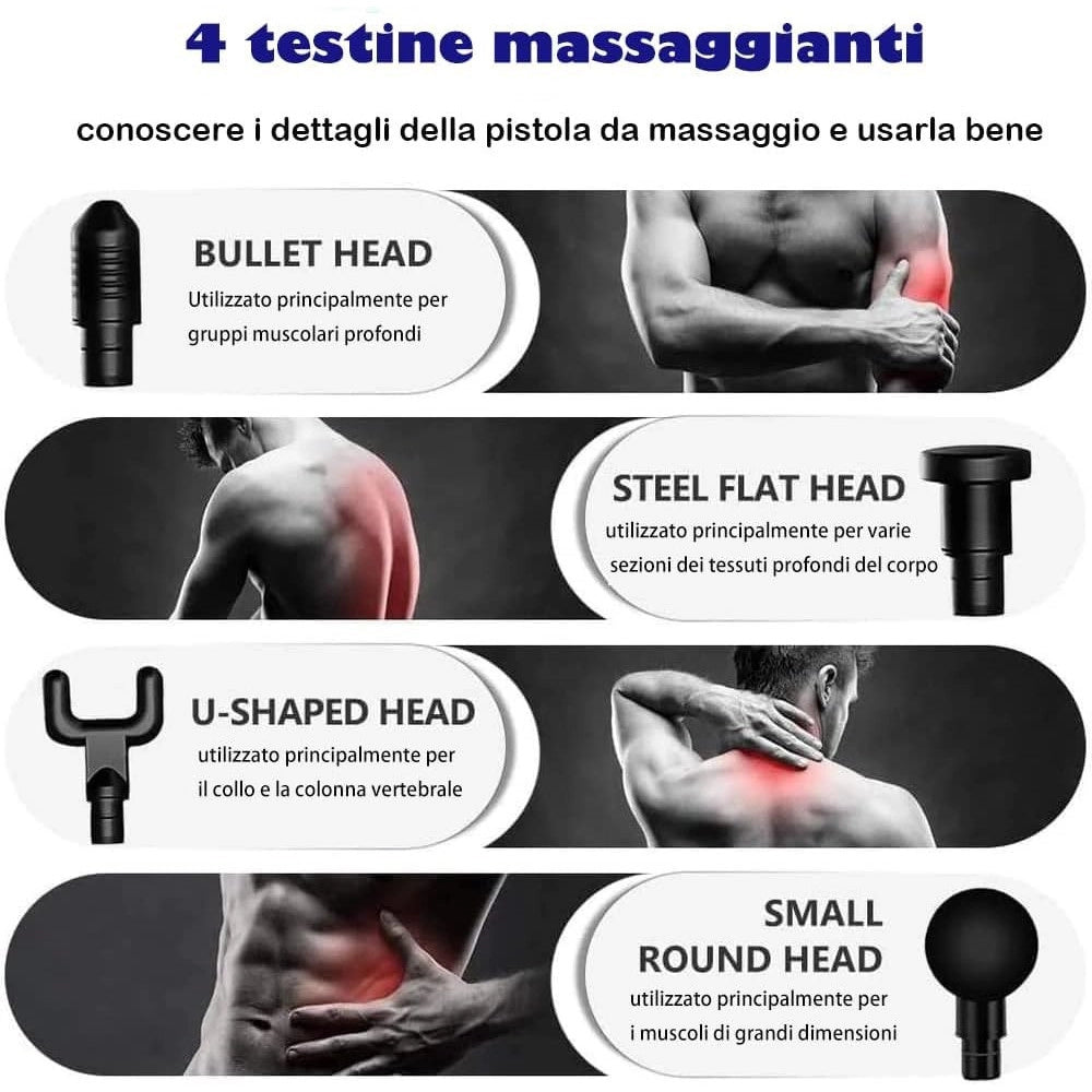Trade Shop - Pistola Massaggiatore Muscolare Regolabile Con 4 Testine Per Alleviare Dolore -
