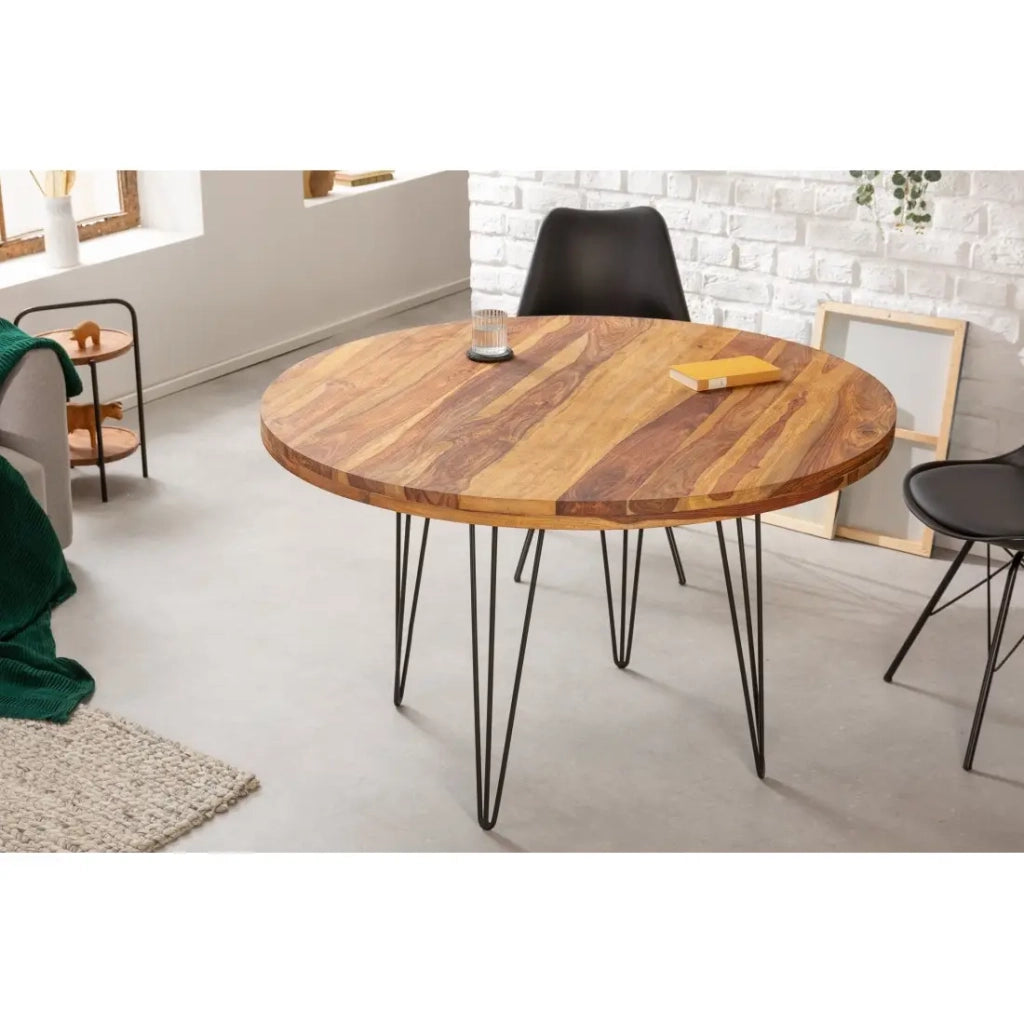 Tavolo da pranzo ORBO 120 cm – Piano in legno di Sheesham verniciato e gambe in metallo nero – Stile industriale