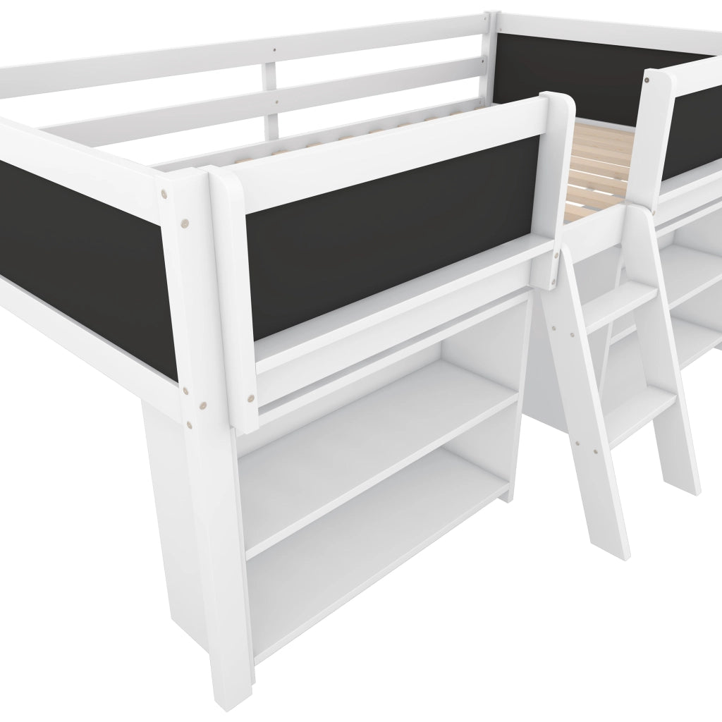 Letto a soppalco 90×200 cm con ripiani; sponda di sicurezza; scala e lavagna; senza materasso; bianco
