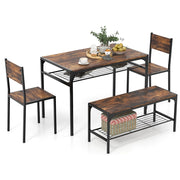 Set da pranzo 4 pezzi con telaio in metallo ripiano portaoggetti, Tavolo da pranzo con 2 sedie panca per 4 persone Marrone-Tavoli e sedie da pranzo