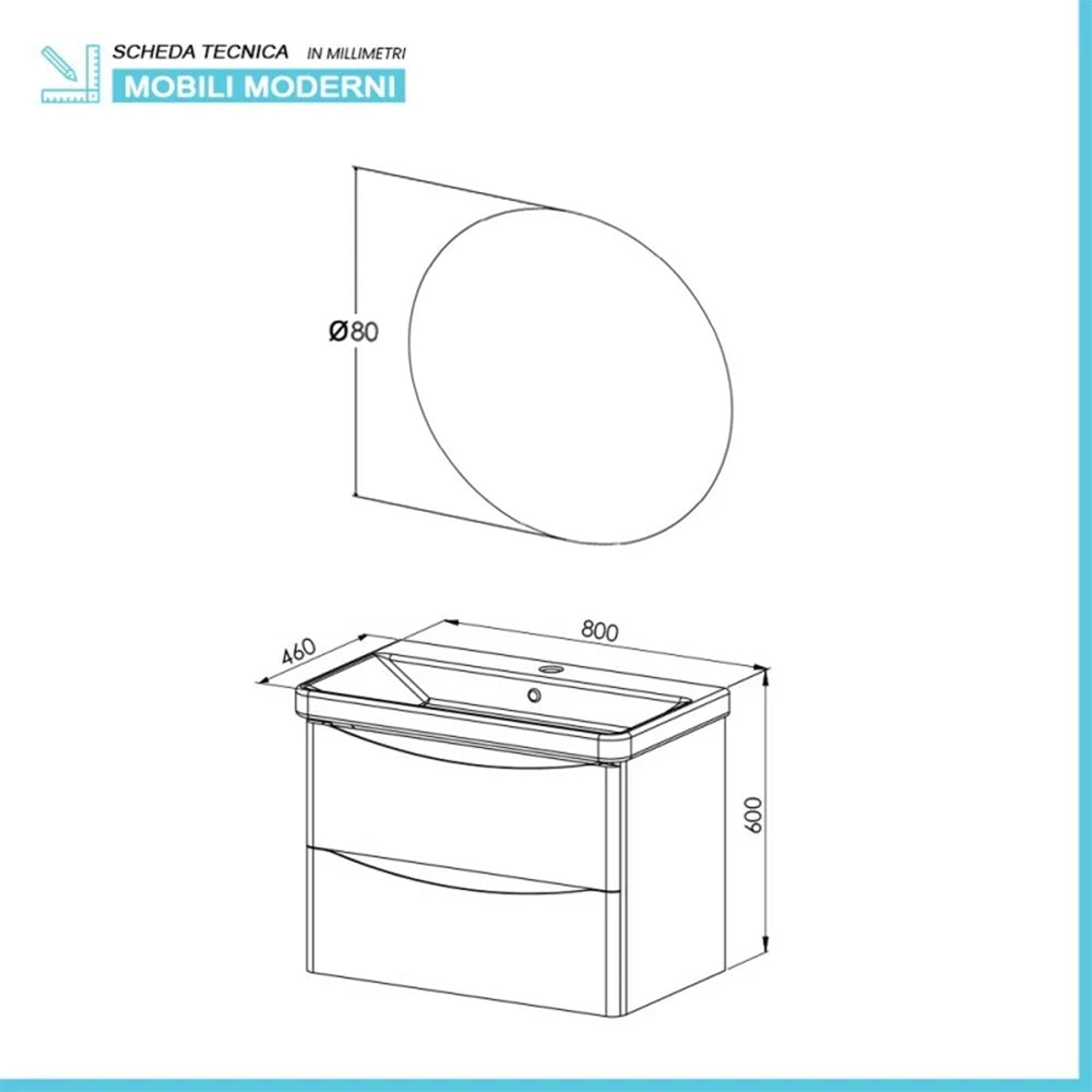 Mobile bagno sospeso 80 cm bianco lucido con specchio tondo Zen