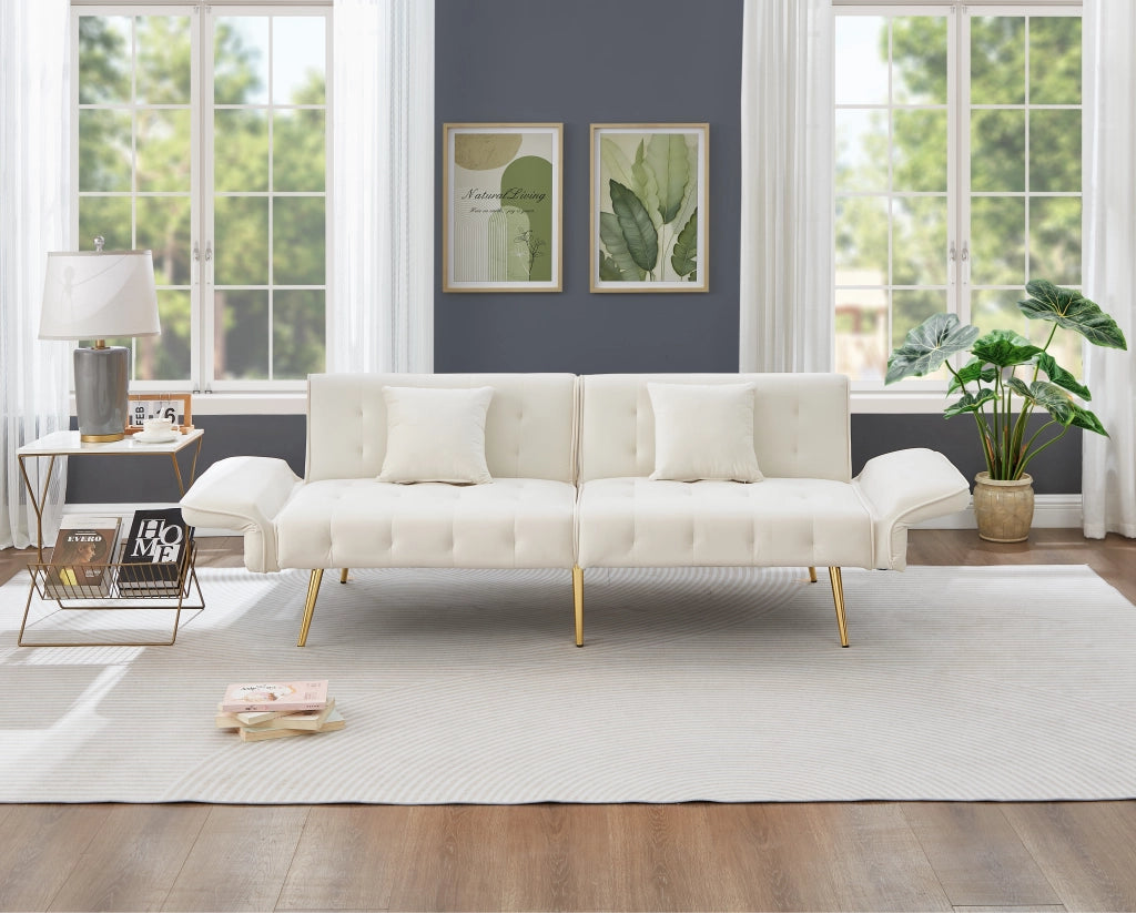 OKWISH Divano Letto 2 Posti, Schienale Regolabile e Braccioli Multi Posizione, con Cuscini, Velluto, Bianco Antico