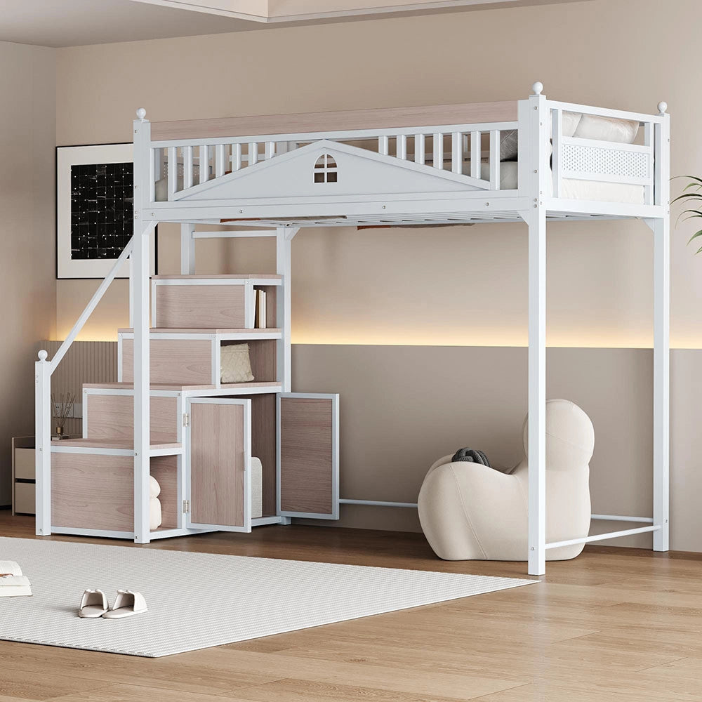 Letto a soppalco per bambini - Xylo - 90x200 cm - Bianco - Scala intercambiabile sinistra/destra con casiers di sicurezza