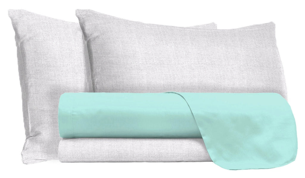 Set Lenzuola Singolo Sopra Sotto e Federe in Cotone Verde Acqua