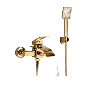 "ROSA" | Miscelatore vasca a cascata doccia oro | in acciaio inox comprensivo di doccetta e supporto | Set completo termostato vasca con rubinetto