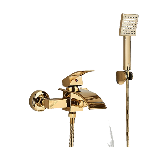 "ROSA" | Miscelatore vasca a cascata doccia oro | in acciaio inox comprensivo di doccetta e supporto | Set completo termostato vasca con rubinetto