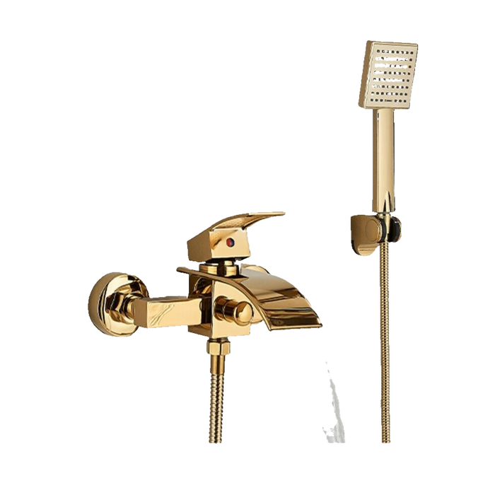 "ROSA" | Miscelatore vasca a cascata doccia oro | in acciaio inox comprensivo di doccetta e supporto | Set completo termostato vasca con rubinetto