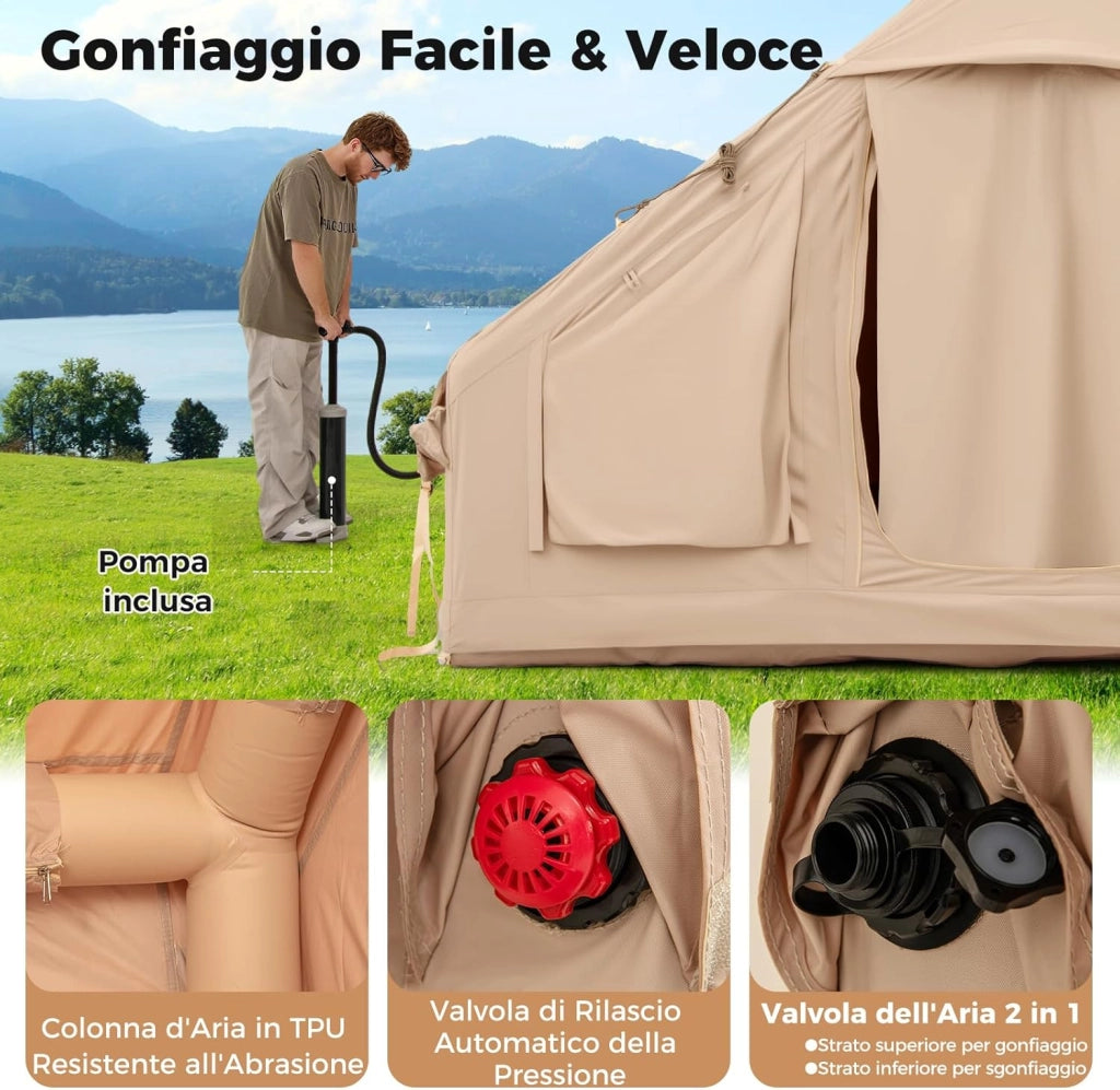 Tenda da Campeggio Gonfiabile, Tenda da Campeggio in Tessuto Oxford per 4-6 Persone con Pompa, Finestre a Rete, Porte e Borsa da Trasporto, 300 x 210 x 197 cm