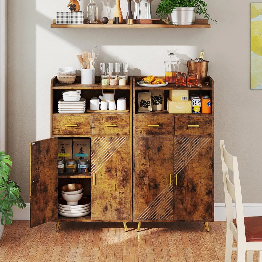 Credenza Cucina, Piano Superiore con Bordo Anticaduta, Scomparto Aperto, 2 Cassetti e Armadietto a Doppia Anta, Mobile Moderno con 2 Antiribaltamento per Soggiorno e Ingresso (Marrone)