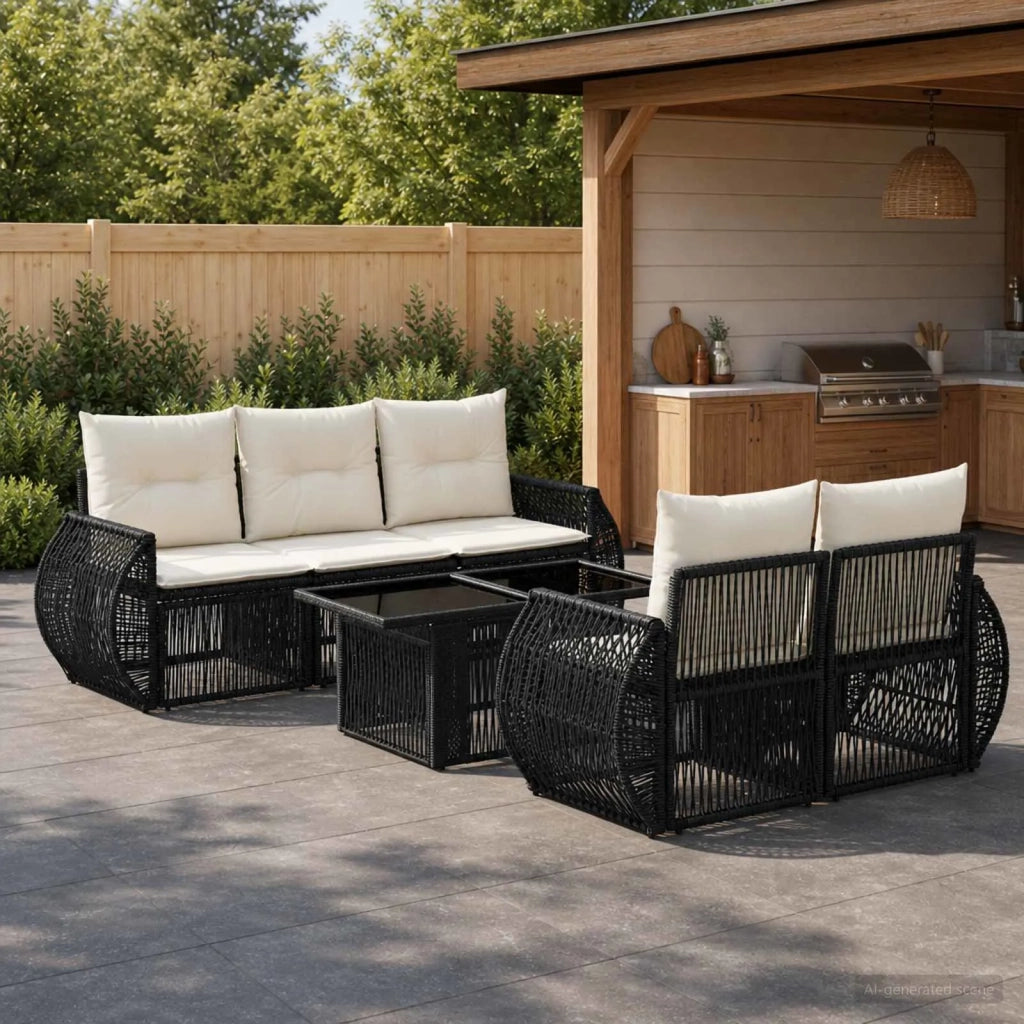 Set Divano da Giardino 6 pz Nero e Bianco Crema polyrattan 3436897