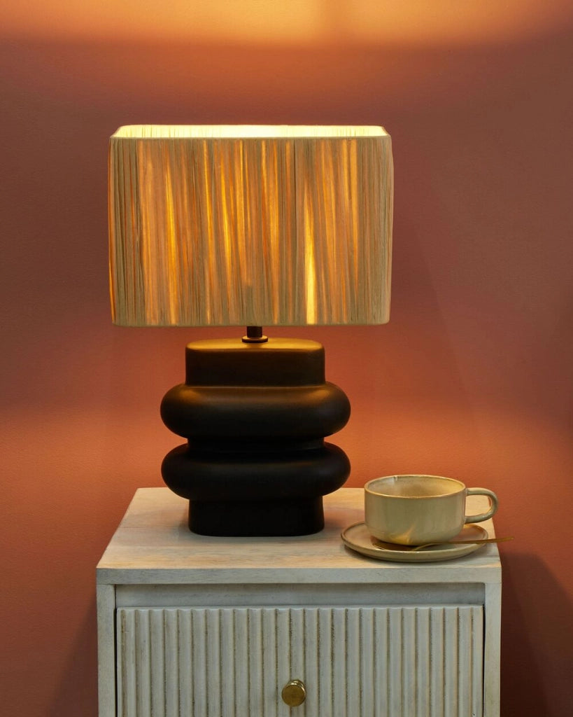 Lampada da tavolo in ceramica nera con paralume a tamburo in lino base minimalista design stile contemporaneo