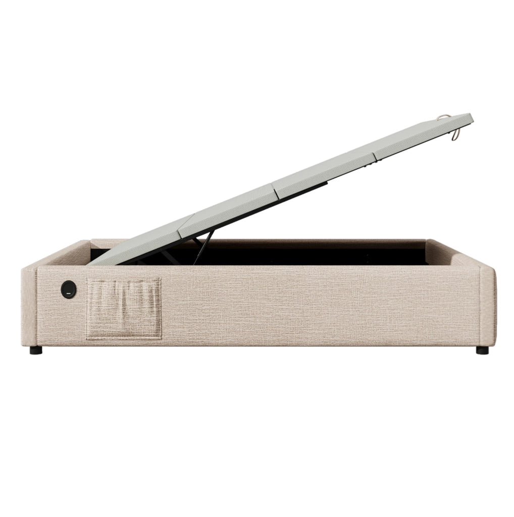 Letto contenitore singolo 90x190 cm con USB C; in lino beige