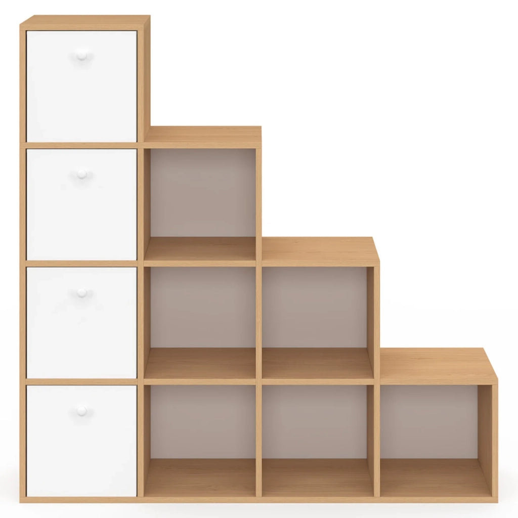 IDMarket - LORYS Mobile a 4 livelli in legno e bianco a gradini con 4 cassetti in tessuto
