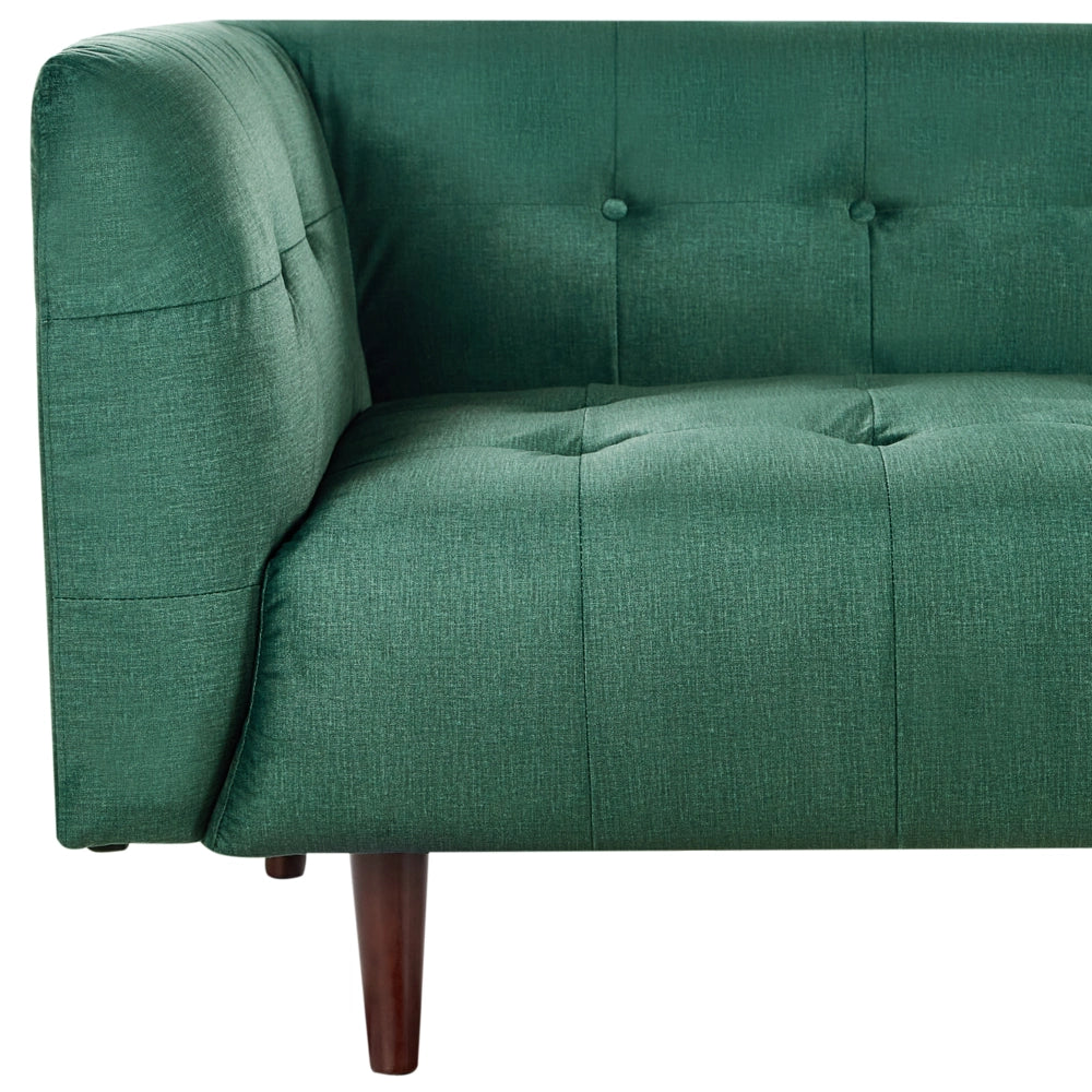 Divano a 3 posti con rivestimento in tessuto verde gambe in legno e schienale con bottoni