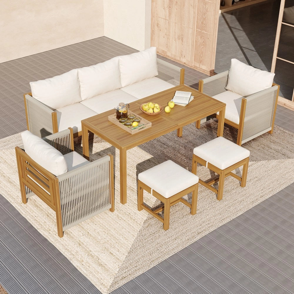 Set da giardino 6 pezzi - Zephmum - Divano 3 posti, 2 poltrone, 2 pouf, tavolo in acacia, colore beige