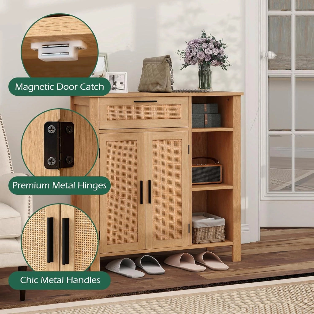Credenza Cucina con 2 Ante in Rattan, Mobile Buffet con Cassetto, Scomparti Aperti, Mensola Regolabile, Mobile Cucina Dispensa in Legno, per Soggiorno, Sala da Pranzo, 75x30x80cm, Naturale