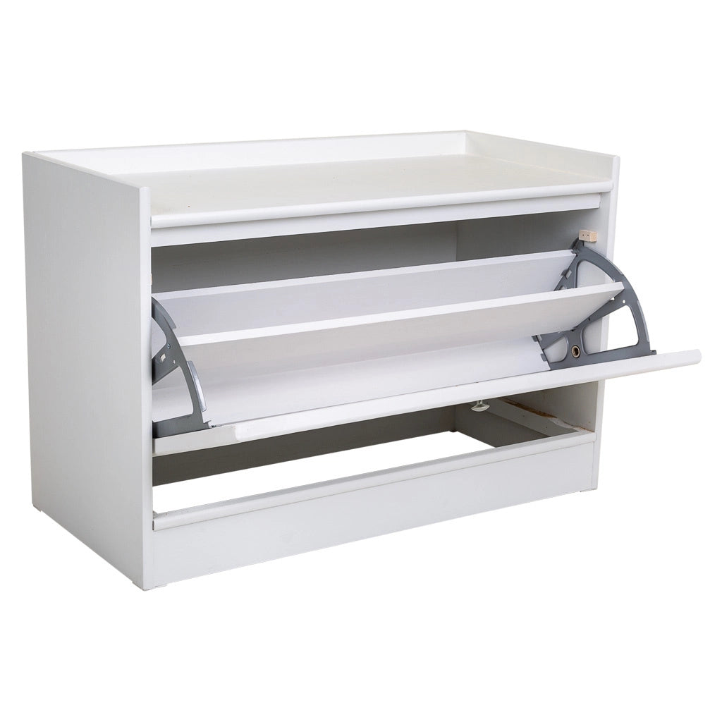 Sgabello per scarpe realizzata in legno e rete bianca 80x38x53h