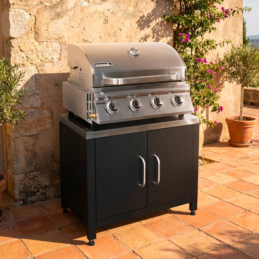 Barbecue a gas 4 bruciatori da appoggio + cucina esterna in acciaio,