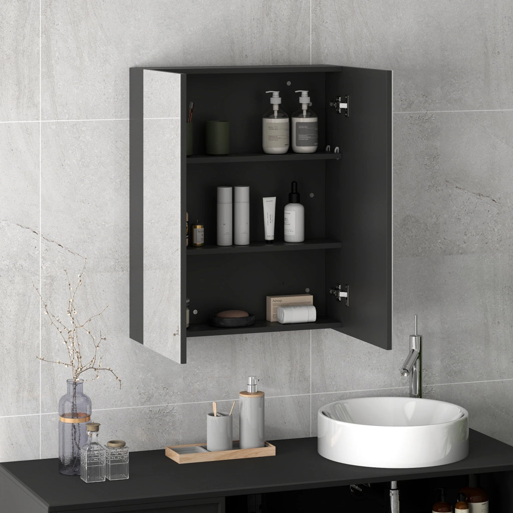 Armadietto Pensile Bagno con Specchio e Ripiani ¨C zephmum ¨C 60x15x75 cm, Nero, MDF