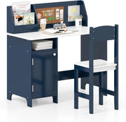 Set Scrivania e Sedia per Bambini 3+ Anni per Studio e Lettura, Blu | Banco Scuola con Sedia Ergonomica, Lavagna Bianca, Pennarello, Armadietto e Bacheca, Postazione Computer per Cameretta