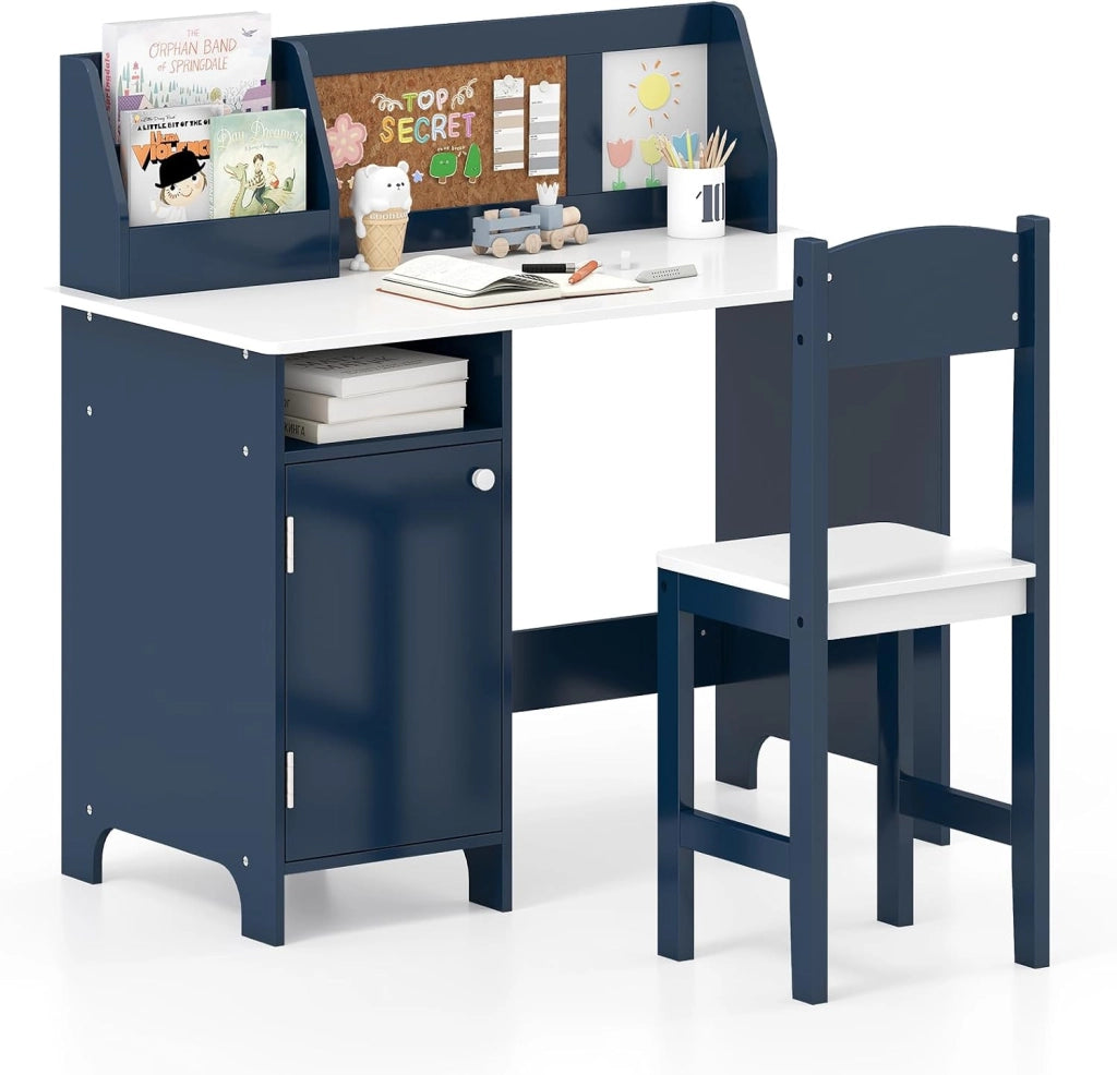 Set Scrivania e Sedia per Bambini 3+ Anni per Studio e Lettura, Blu | Banco Scuola con Sedia Ergonomica, Lavagna Bianca, Pennarello, Armadietto e Bacheca, Postazione Computer per Cameretta