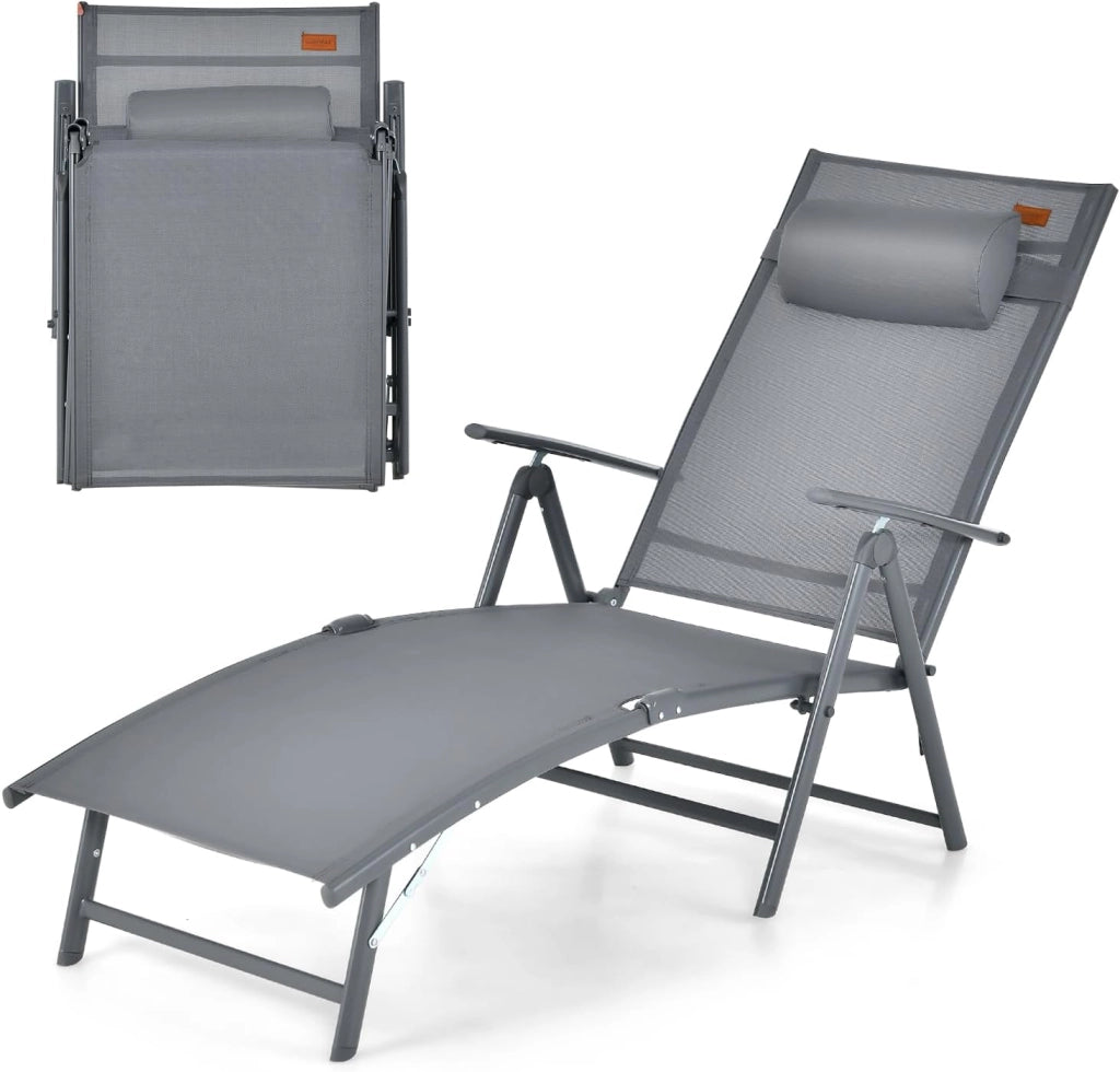 Lettino Prendisole Pieghevole, Schienale Regolabile in 7 Posizioni, Sdraio da Giardino in Textilene con Braccioli, Poggiatesta, Capacità di 150 kg, 142 x 61 x 103 cm (Grigio)