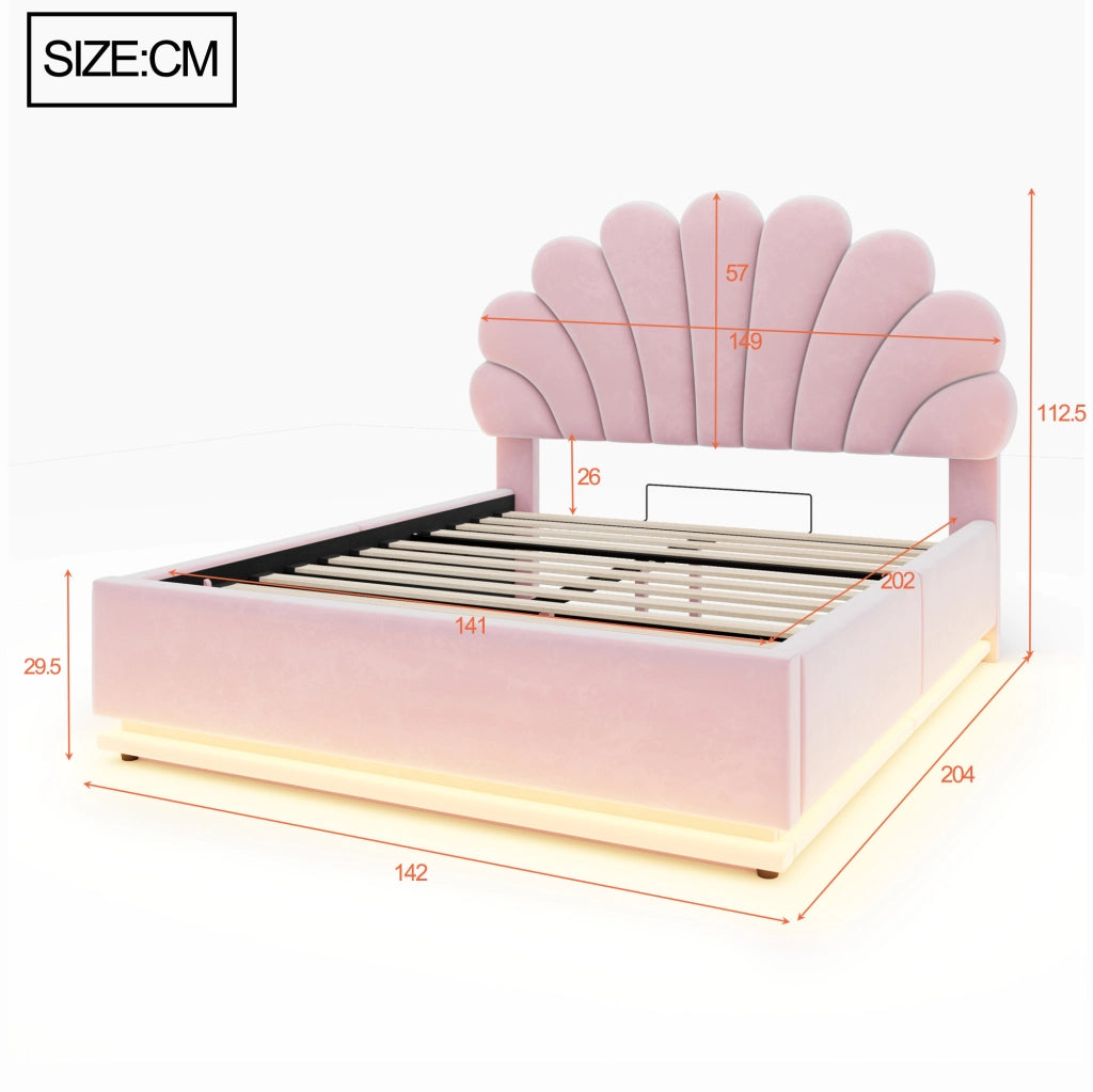 Letto imbottito 140x200 cm in velluto rosa con contenitore; testiera floreale e LED