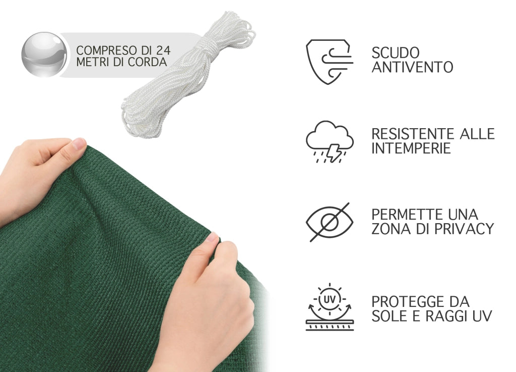 Telo Copribalcone Tinta Unita 90 x 500 Cm HDPE UV Frangivento Con Occhielli e 24 Metri Corda Schermo Privacy Terrazzo Frangivista Recinzione Copri Ringhiera Balconi Antipioggia - Verde