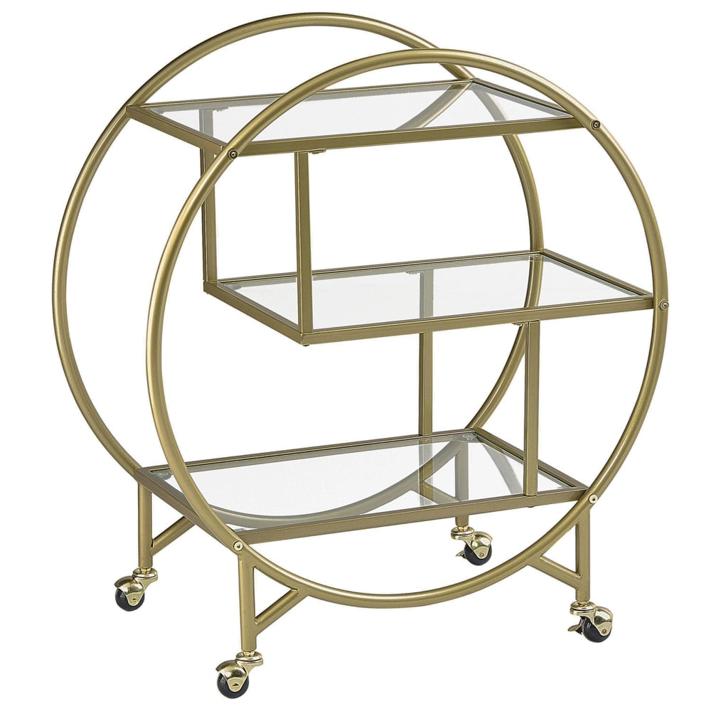 Carrello Cucina Metallo dorato Vetro 50 x 34 cm Ruote Glamour Portaoggetti Aperto Tre Ripiani Soggiorno