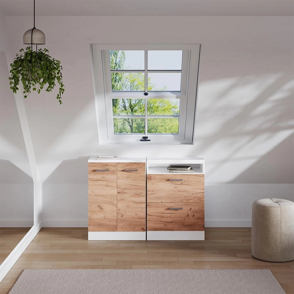 Set di mobili sottotetto Rion, Quercia dorata, 120 cm Set di 2 carcasse armadio profondità 60 cm, adatto per il salvaspazio sotto tetti spioventi