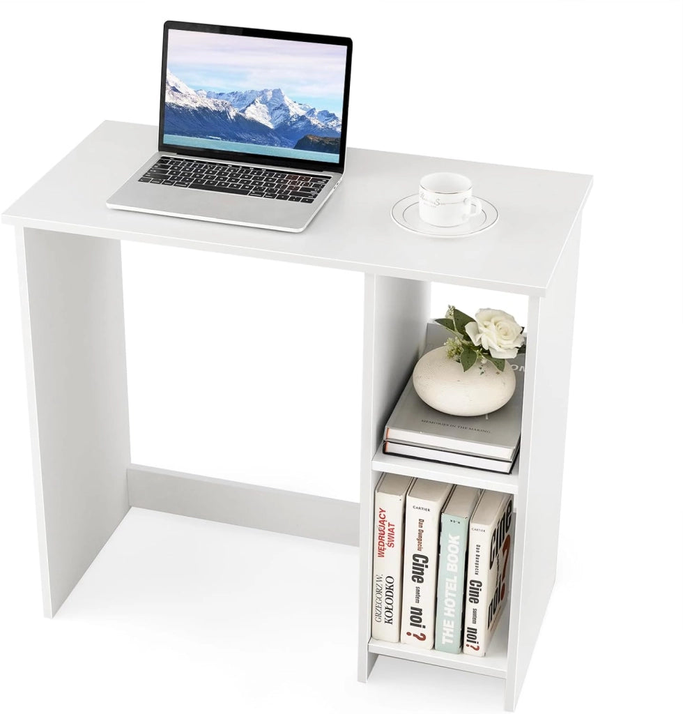 Scrivania per Computer in Legno con 2 Ripiani per Ambienti Piccoli, Scrivania Moderna e Salvaspazio da Casa e Ufficio, 80 x 40 x 74 cm (Bianco)